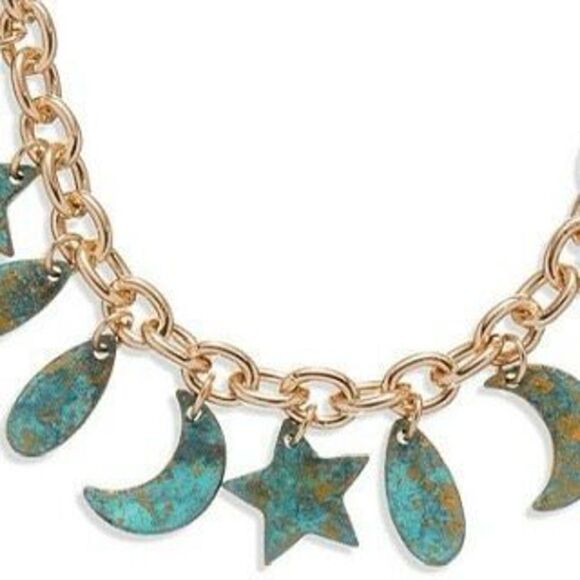 NWT Gorgeous Robert Lee Morris Soho Gold & Blue Celestial Patina Charm Necklace - Picture 5 of 7